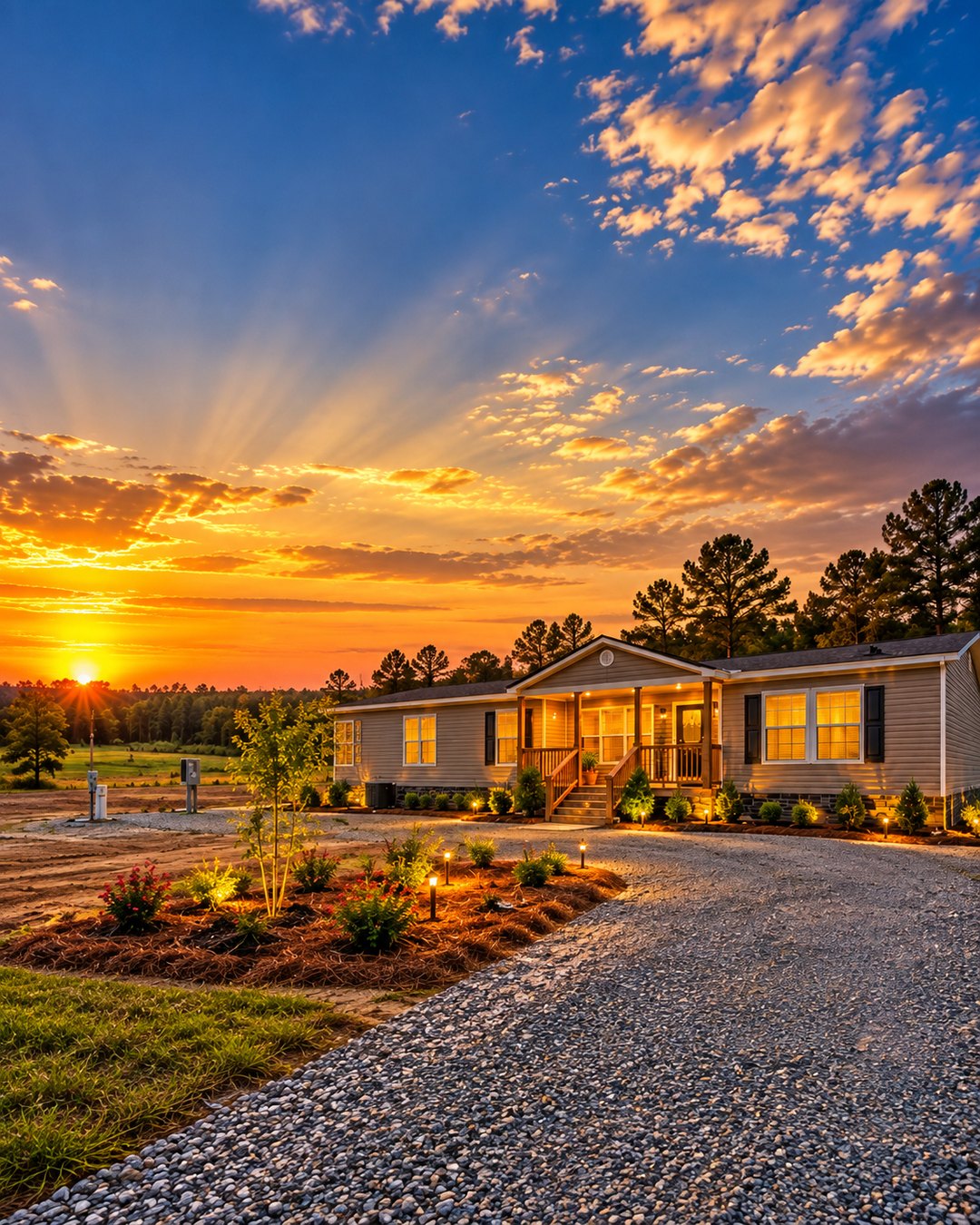 A finished manufactured home on its own land at golden hour, with a gravel driveway, prepared homesite and skirting